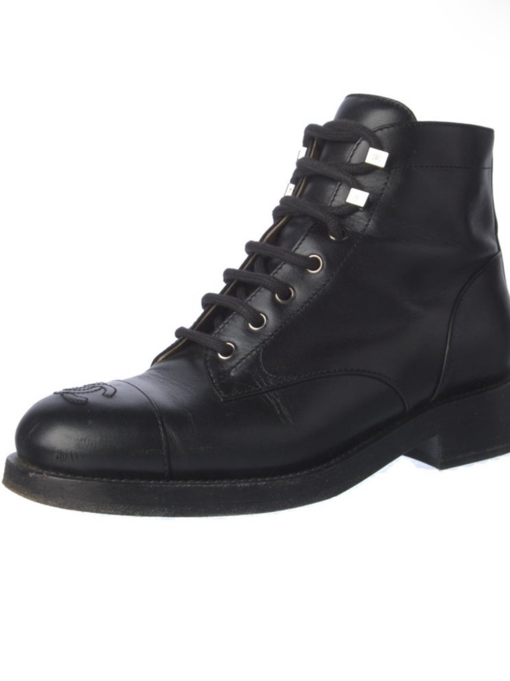 CHANEL Black Leather Lace-Up Combat Boots